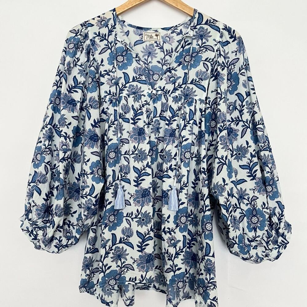Mille Thalia Babydoll Top Short Sleeve 100% Cotton Blouse Blue Floral Size Large